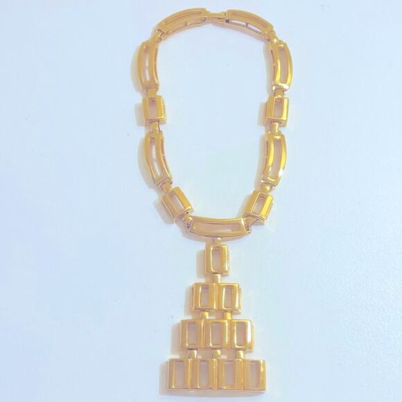 CASTLECLIFF 1970s Vintage Geometric Gold Tone Chunky Statement Necklace Signed - Picture 1 of 12